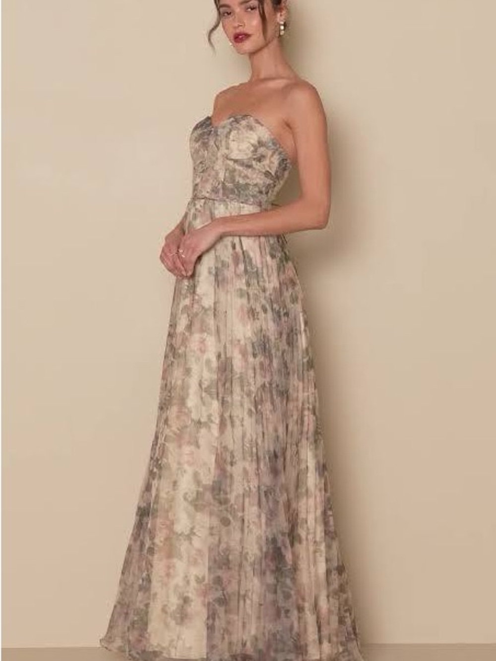 Lulu's Strapless Floral Chiffon Gown in Blush and Sage